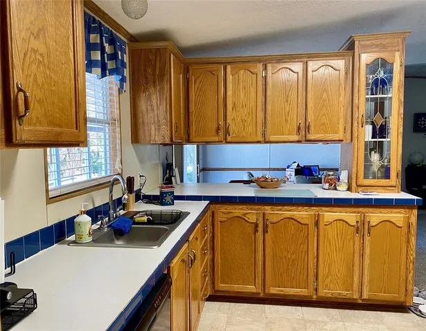 a kitchen with a sink a counter top space and a window