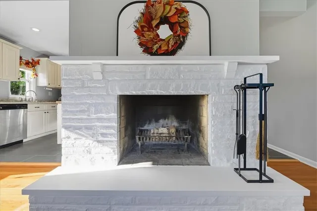 a living room with a fireplace