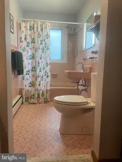 a bathroom with a sink a toilet and shower curtain