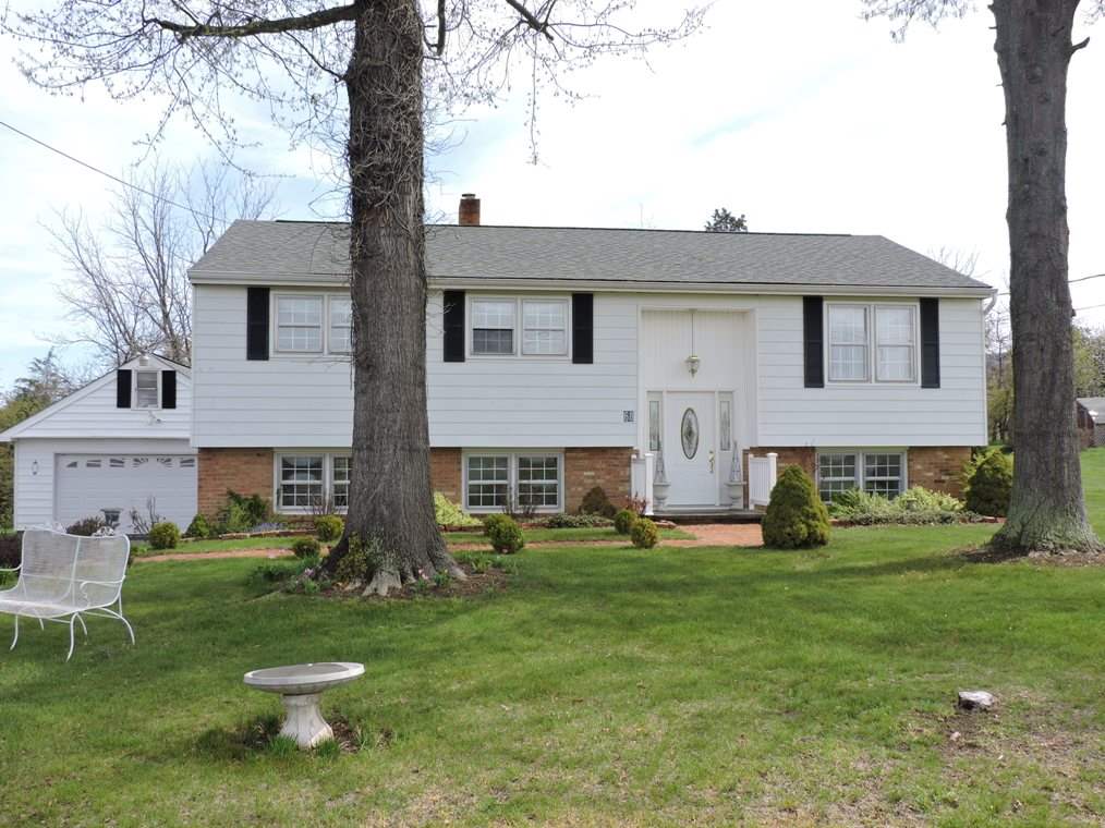 a view of a yard in front of a house with a large tree