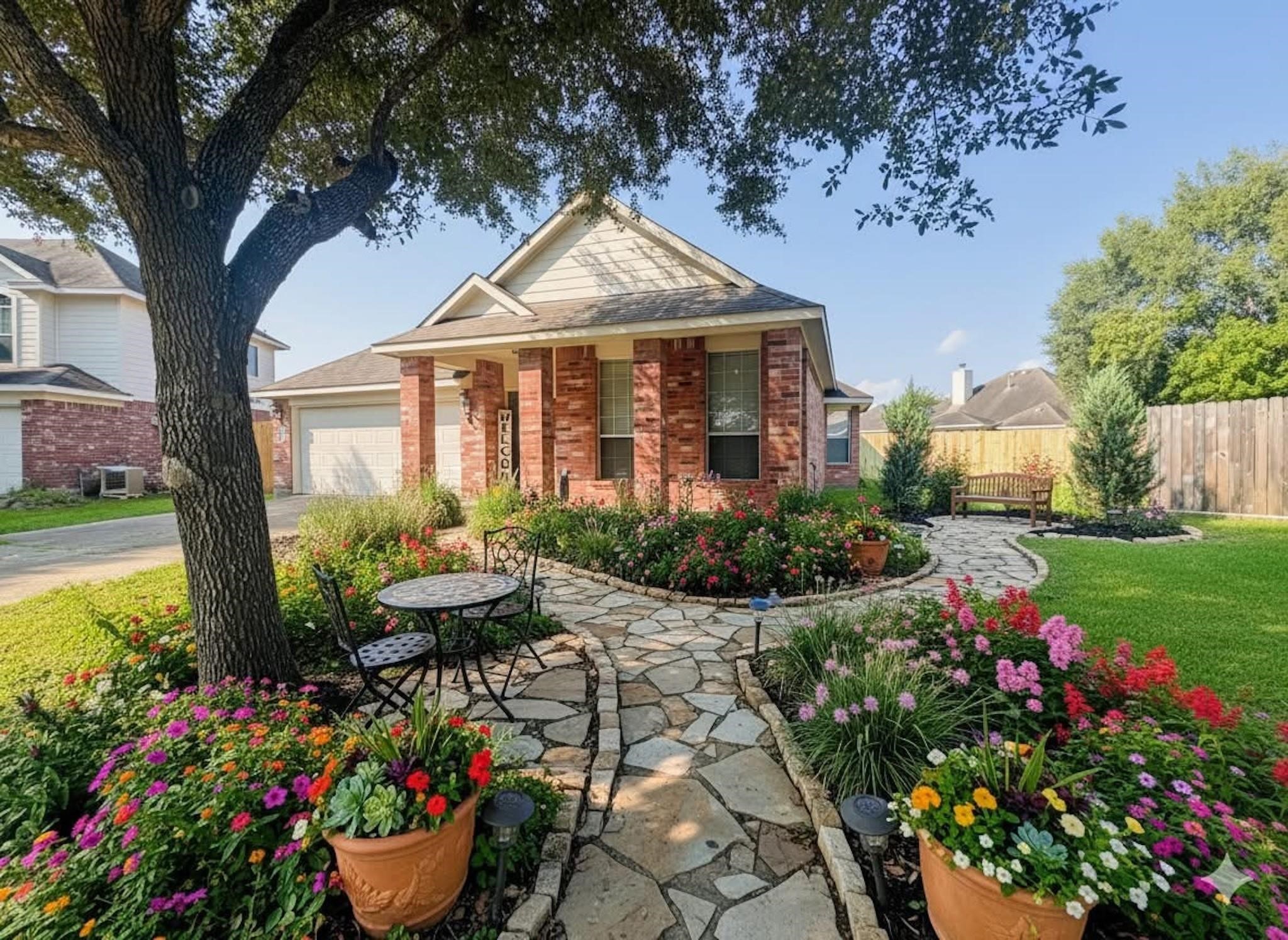 a front view of a house with a yard and potted plants