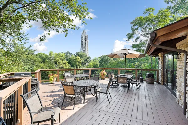 an outdoor space with furniture and umbrella