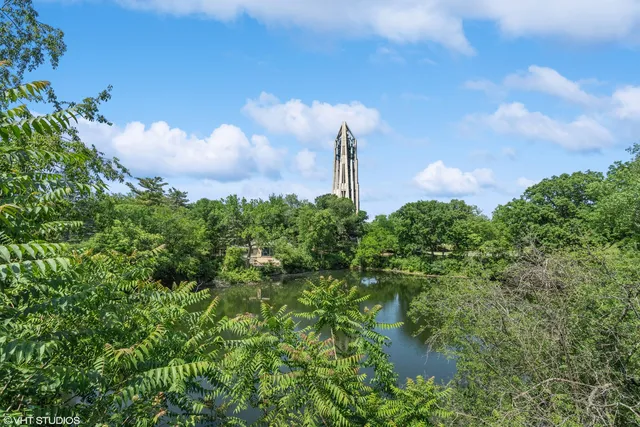 a view of a city with lush green forest