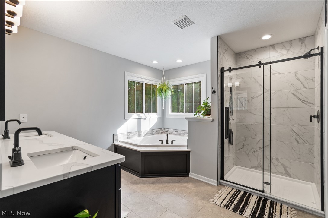 2119 Johns Road Clinton, OH 44216 - Photo 27 of 48 Dual vanity with white countertops, corner soaking tub, walk-in shower with sliding glass door, and recessed lighting