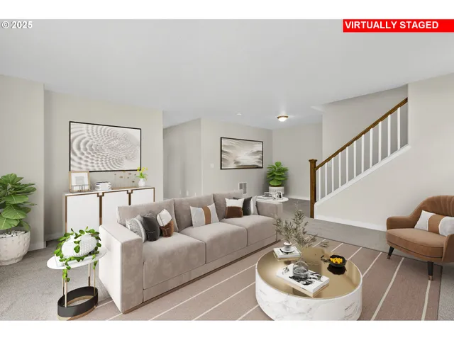 a living room with furniture and a table