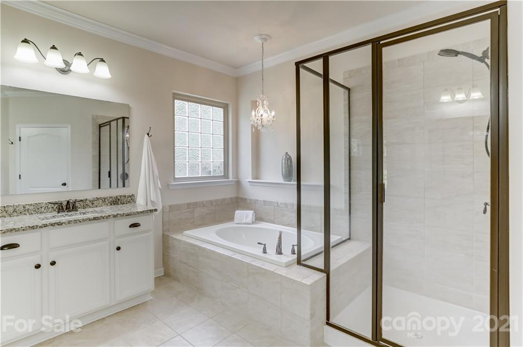5202 Waterloo Drive Tega Cay, SC 29708 - Photo 24 of 44 a bathroom with a granite countertop bathtub shower sink and mirror