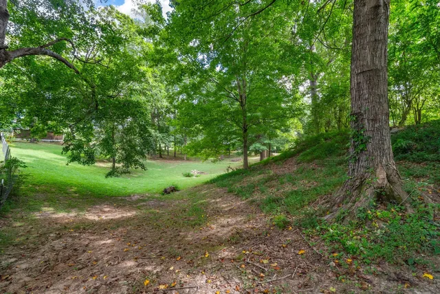 an aerial view of residential house with outdoor space and trees all around