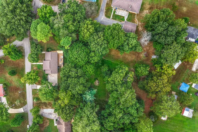 an aerial view of a house with a yard and a large tree