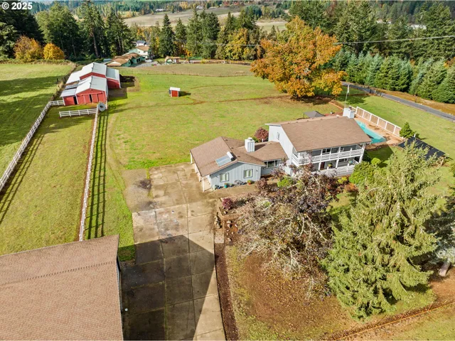 a aerial view of a house with swimming pool and large trees