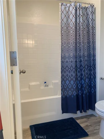 a bathroom with a shower and a toilet