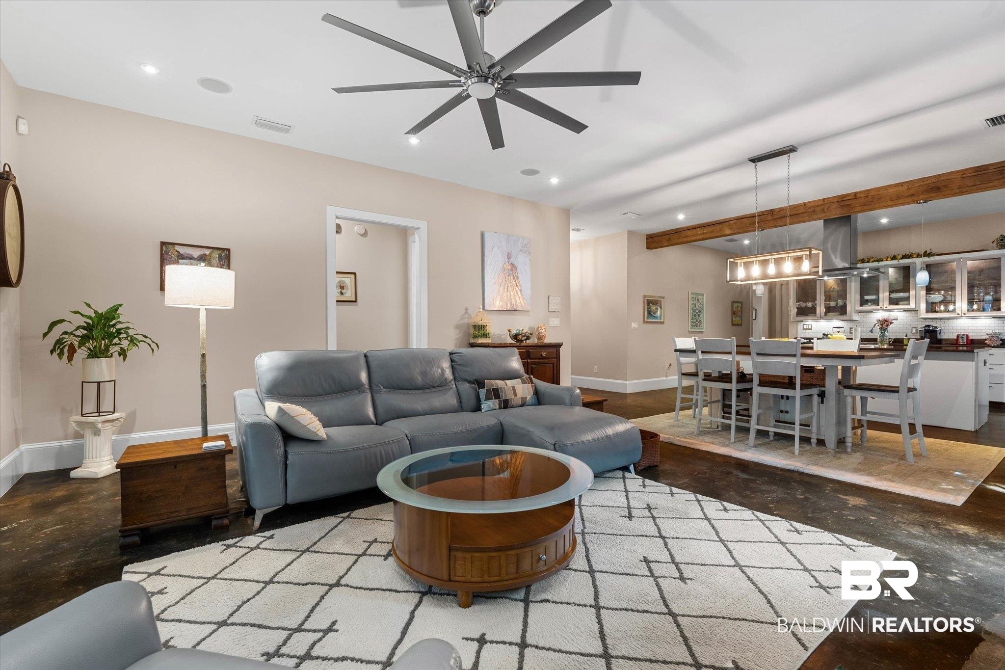 3400 Rue Royal Mobile, AL 36693 - Photo 7 of 33 Living area featuring ceiling fan, concrete flooring, and recessed lighting
