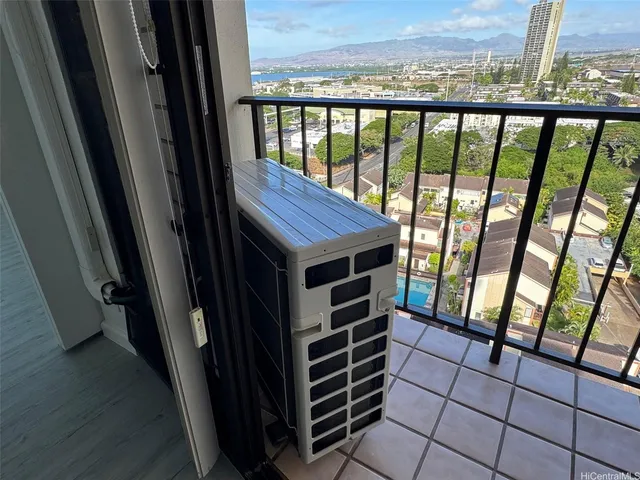 a view of a balcony with a swing