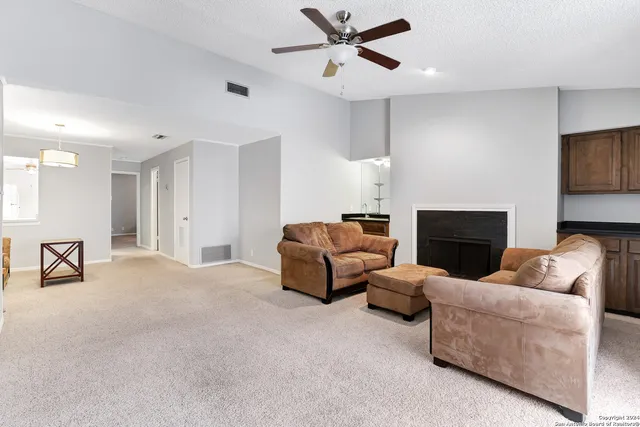 a living room with furniture and a fireplace
