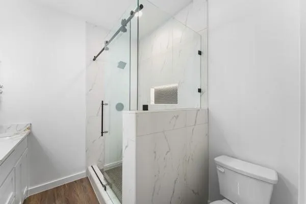 a bathroom with a shower and toilet