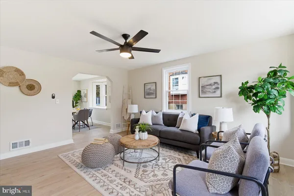 a living room with furniture and a potted plant
