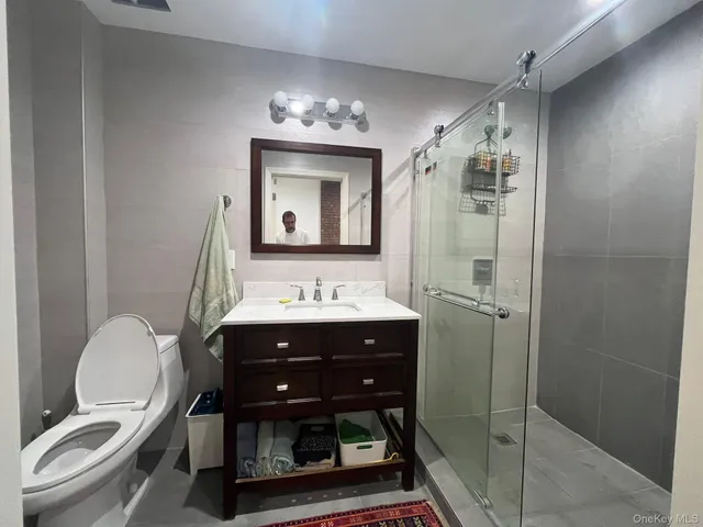 a bathroom with a sink a toilet and mirror