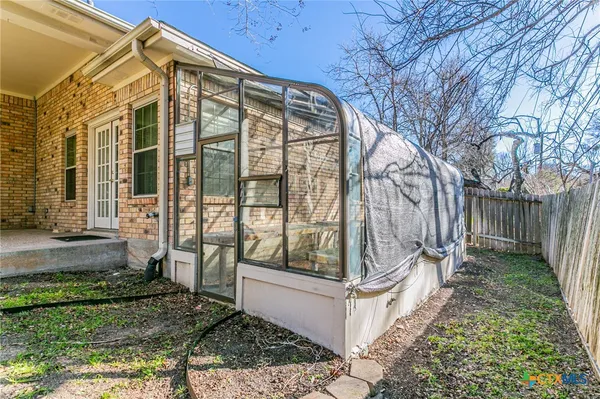 a building outdoor space with seating area