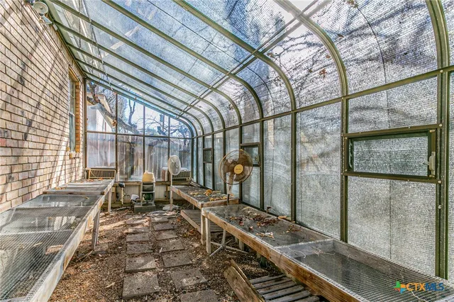a view of a backyard with large trees