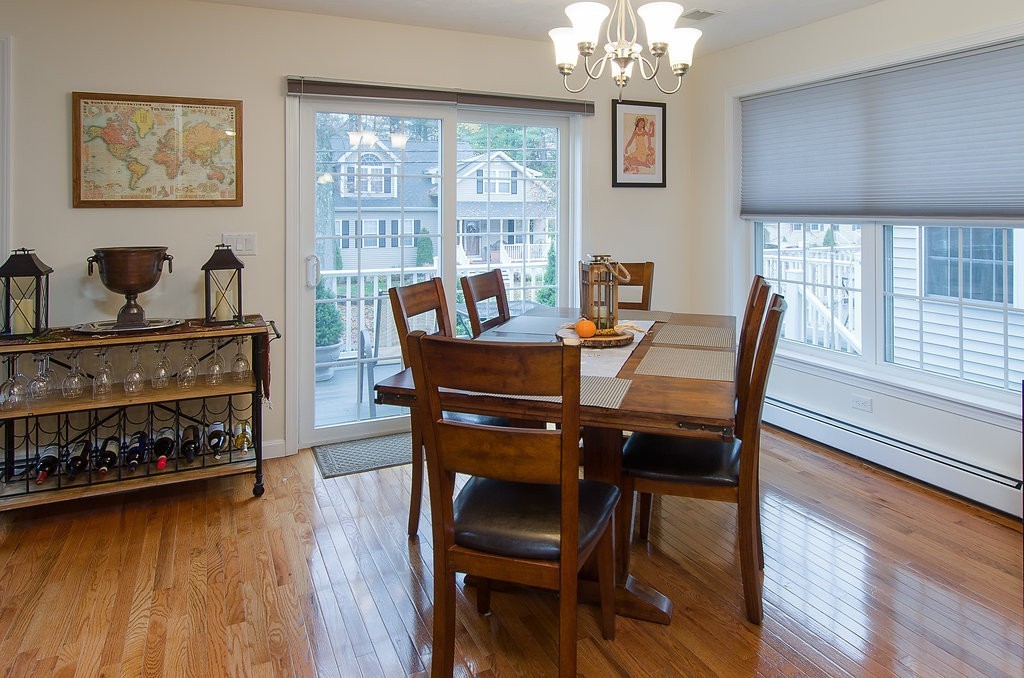 2 Sterling Lane, Unit 2 Walpole, MA 02081 - Photo 5 of 27 a dining room with furniture a chandelier and wooden floor