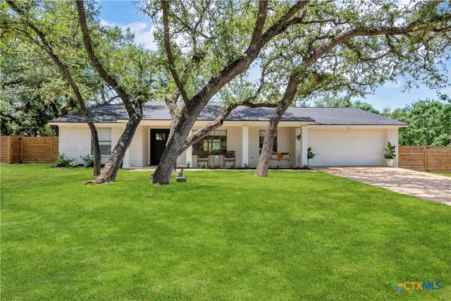 a view of a house with backyard and a tree