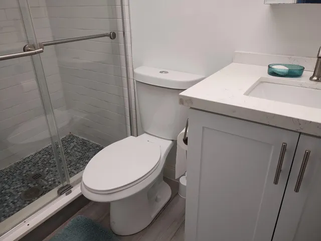 a bathroom with a toilet and a shower