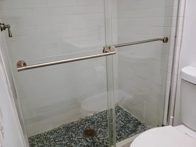 a bathroom with a shower and a toilet