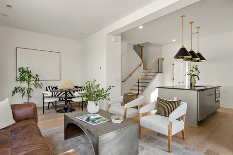 a living room with furniture kitchen view and a potted plant