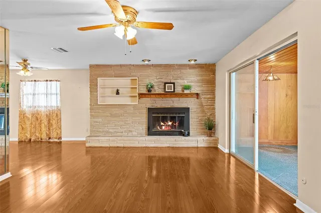 a fireplace with wooden floor