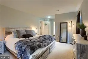 a bedroom with a large bed and a walk in closet