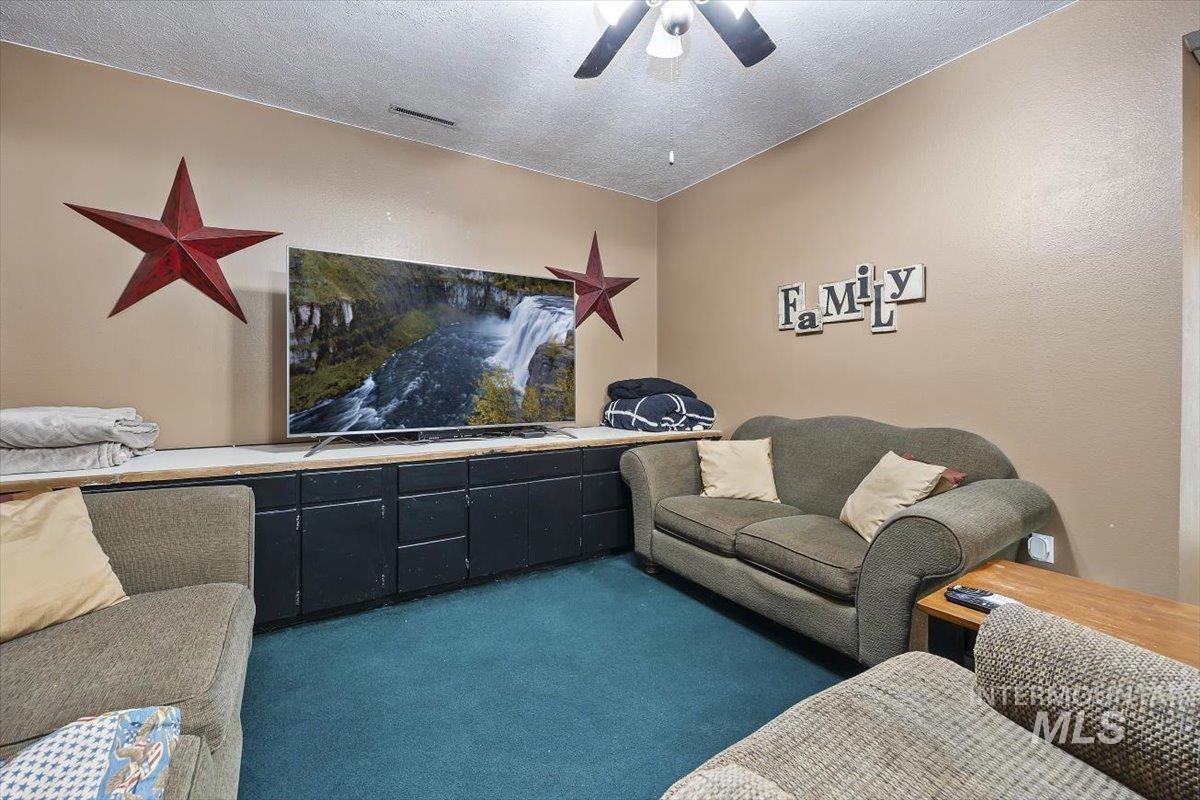 899 East 500th Street South Declo, ID 83323 - Photo 37 of 50 Living room featuring carpet, a ceiling fan, and a textured ceiling