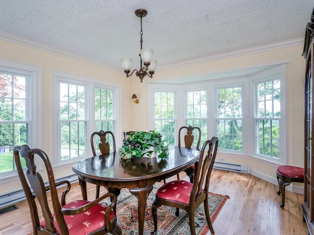 a view of a dining room with furniture window and outside view
