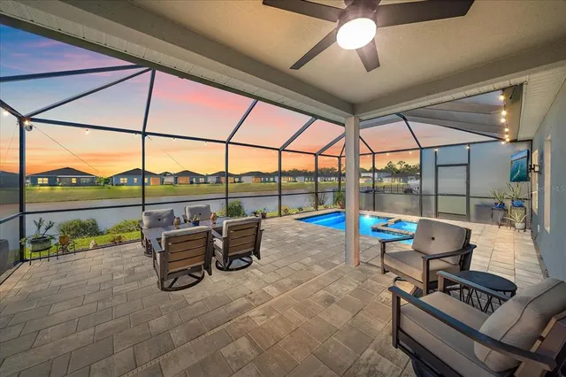 a building outdoor space with seating