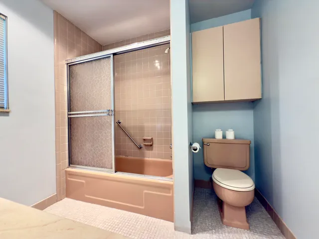 a bathroom with a toilet and a shower
