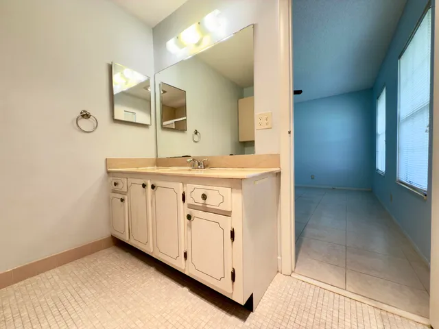 a bathroom with a sink a vanity and a mirror