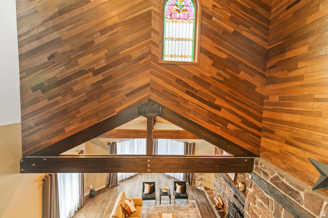 460 Omni Point Road Central Valley, UT 84754 - Photo 44 of 101 Vaulted wood-paneled ceiling with diagonal wood-finish planks and exposed structural beams