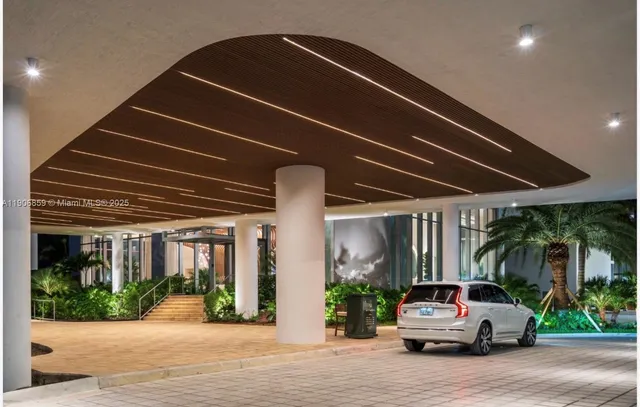 a building exterior with furniture