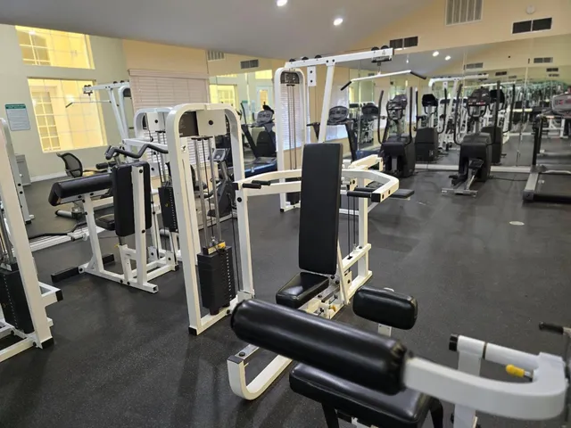 a view of a swimming pool with a lawn chairs under palm trees