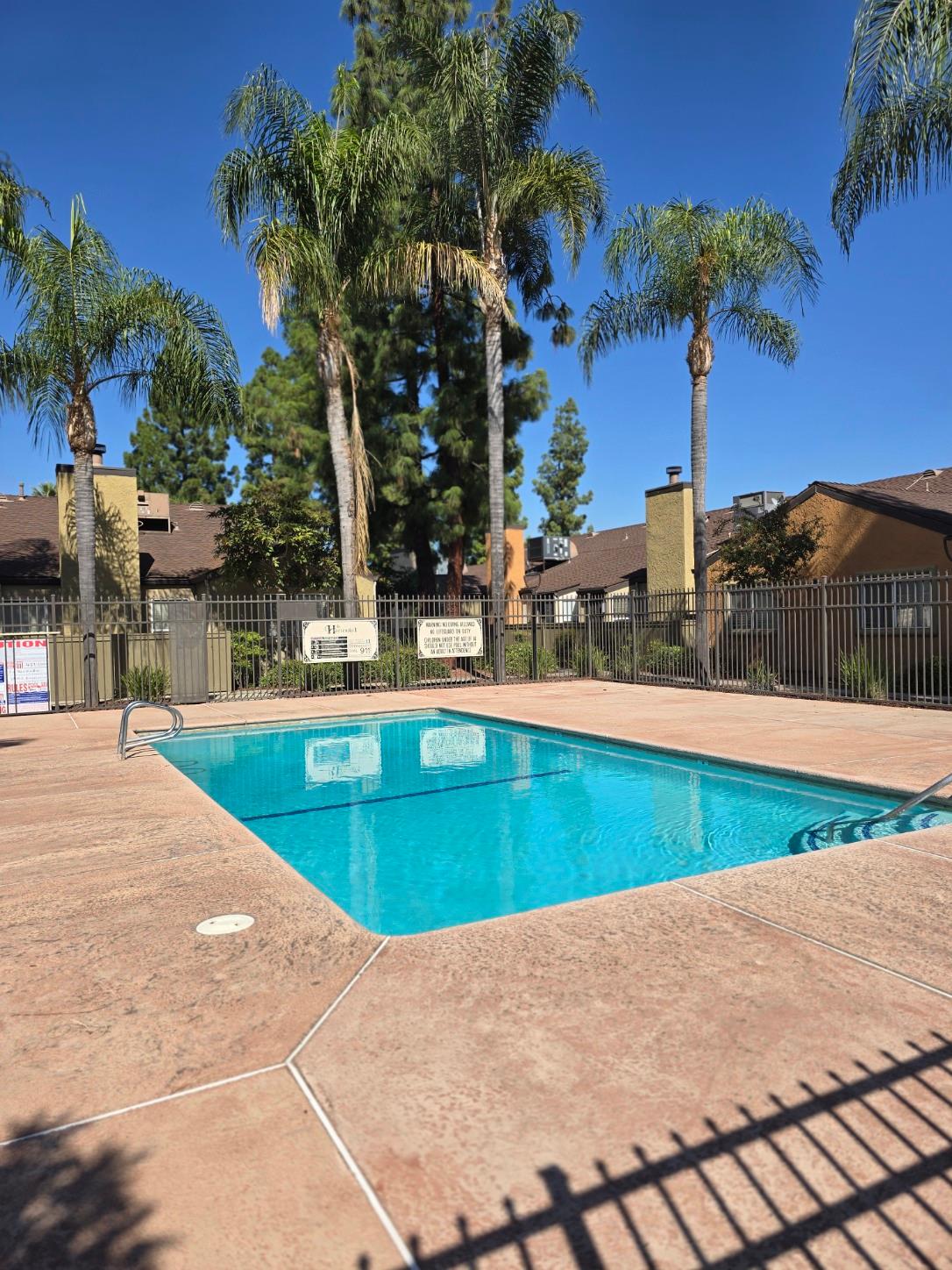 5145 East Lane Avenue, Unit 252 Fresno, CA 93727 - Photo 19 of 22 a view of a swimming pool with a lawn chairs under palm trees