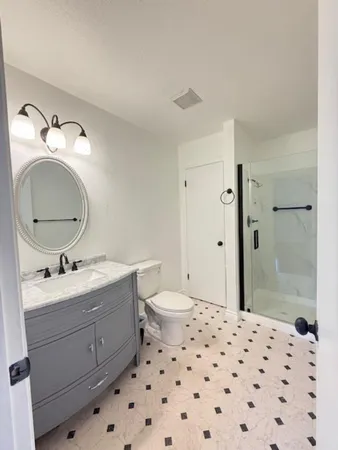 a bathroom with a sink toilet a shower and a mirror