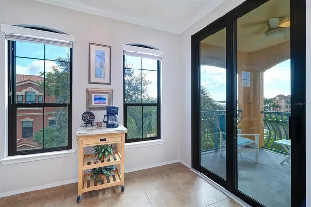 a dining room with a window