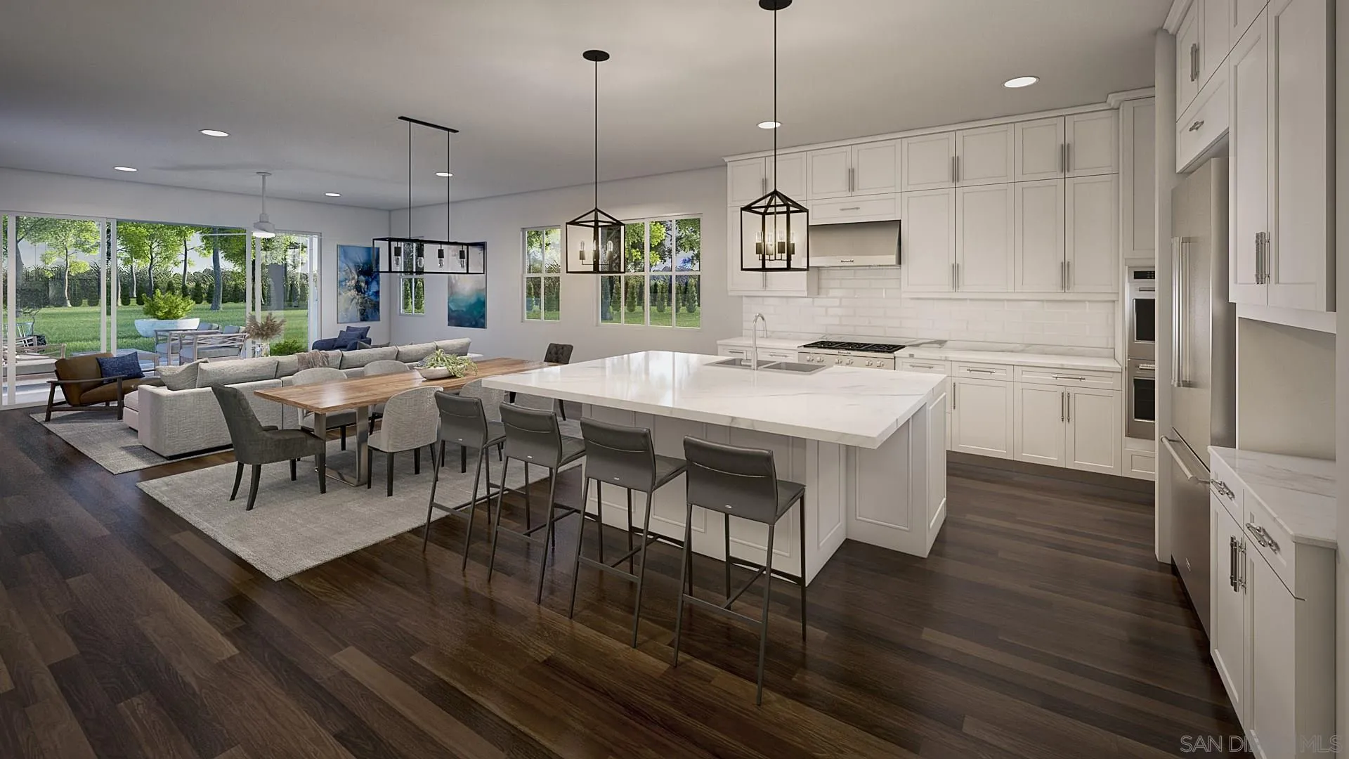 8304 The Grant Place Bonita, CA 91902 - Photo 3 of 7 a kitchen with stainless steel appliances granite countertop a stove a refrigerator a kitchen island a dining table and chairs with wooden floor
