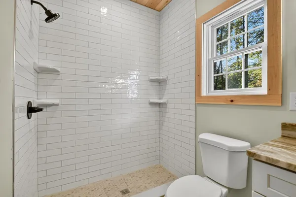 a bathroom with a toilet a sink a shower and mirror