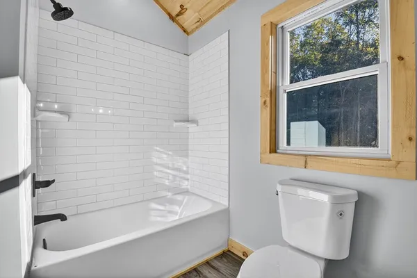 a bathroom with a toilet and a bathtub