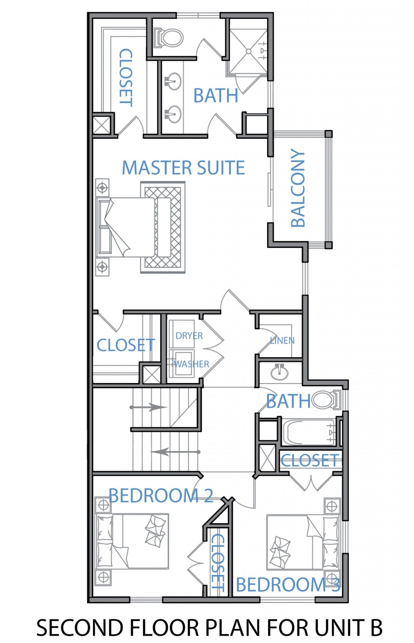 3304 East 17th Street, Unit B Austin, TX 78721 - Photo 33 of 35 Discover a functional second-floor layout featuring a primary suite, two additional bedrooms, and a private balcony.