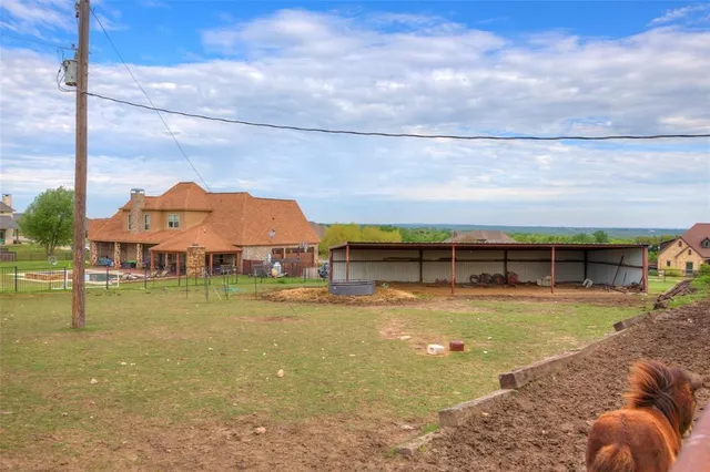 a view of a swimming pool with a yard