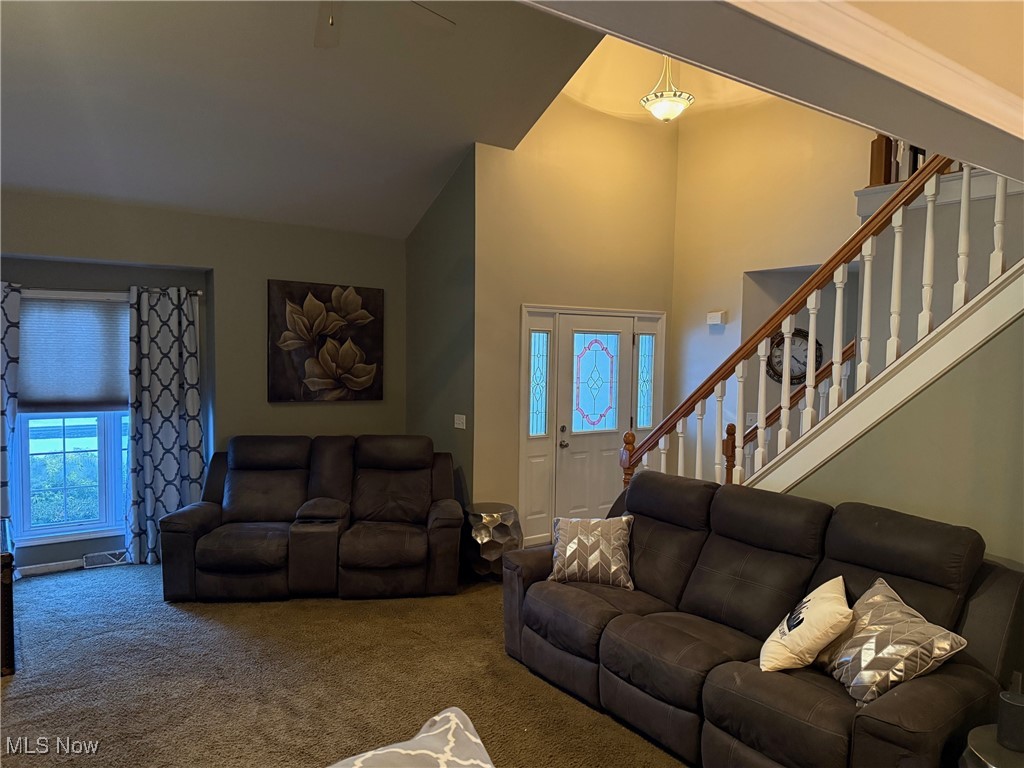 1201 Mulberry Run Mineral Ridge, OH 44440 - Photo 3 of 21 Living room with high vaulted ceiling and carpet flooring