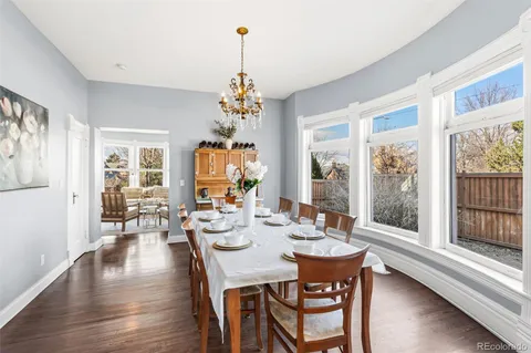 a view of a dining room with furniture wooden floor and chandelier