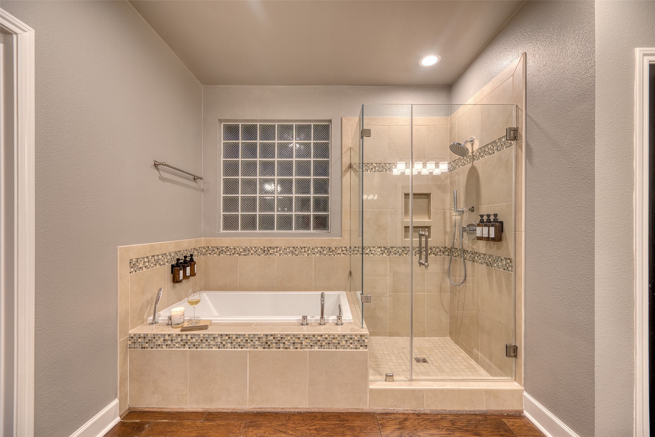 19522 Tamarack Way Houston, TX 77094 - Photo 24 of 50 a bathroom with a granite countertop sink a mirror and shower