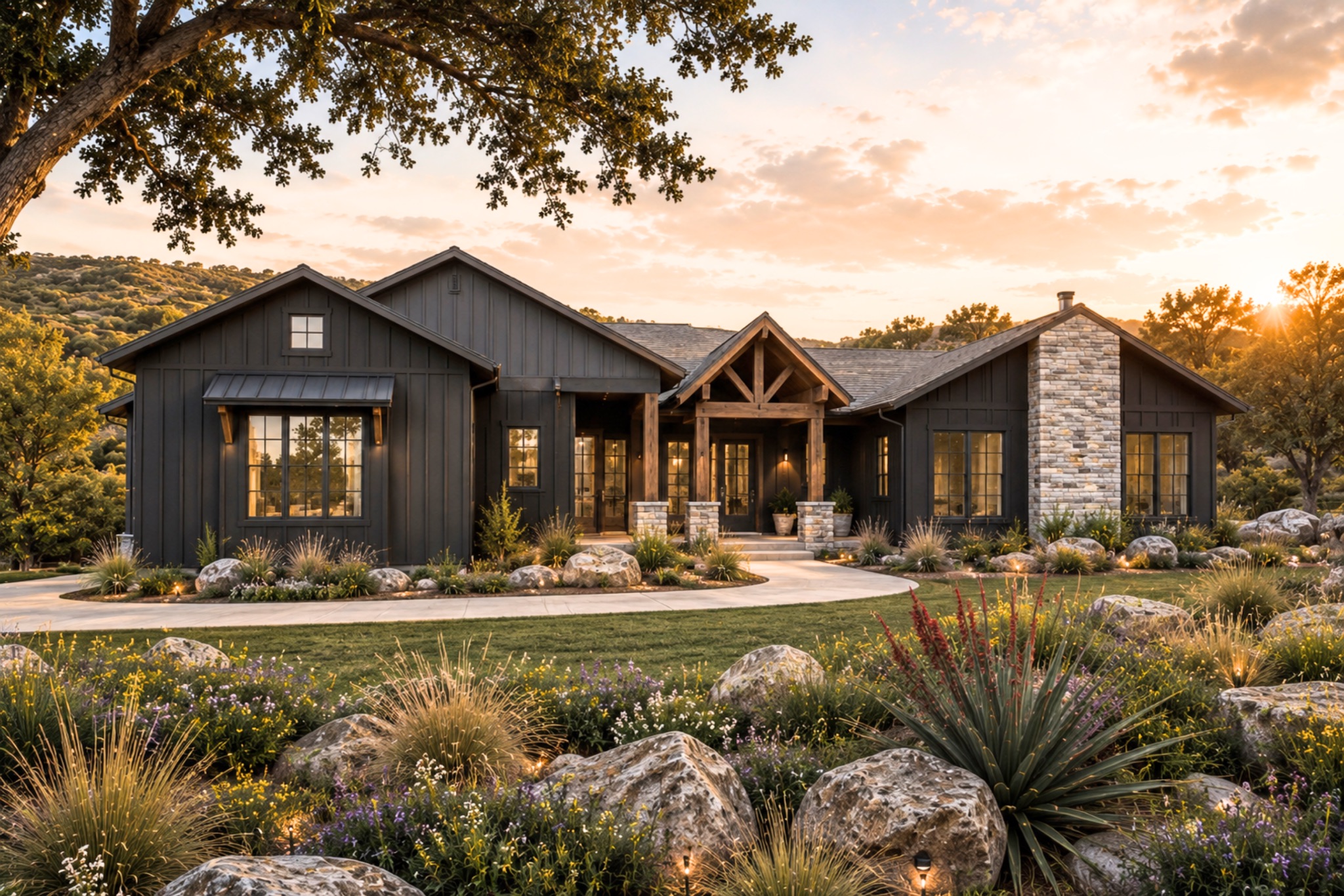 Board and batten siding pairs beautifully with stone accents under a striking timber gabled entryway.
