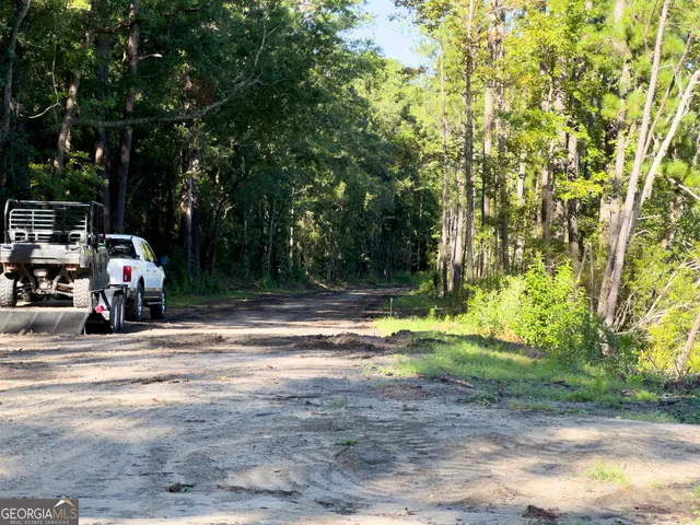 a view of a lake in between two large trees